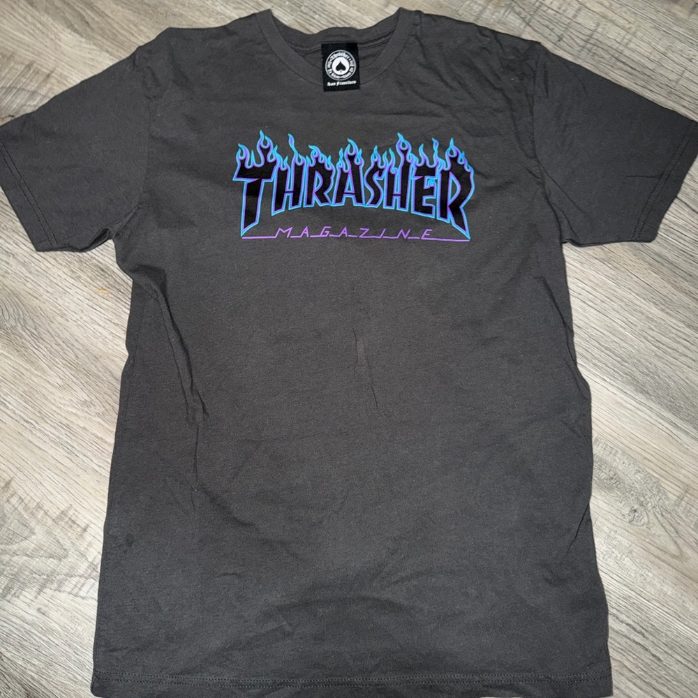 Thrasher Charcoal Tee with Blue Flame Logo